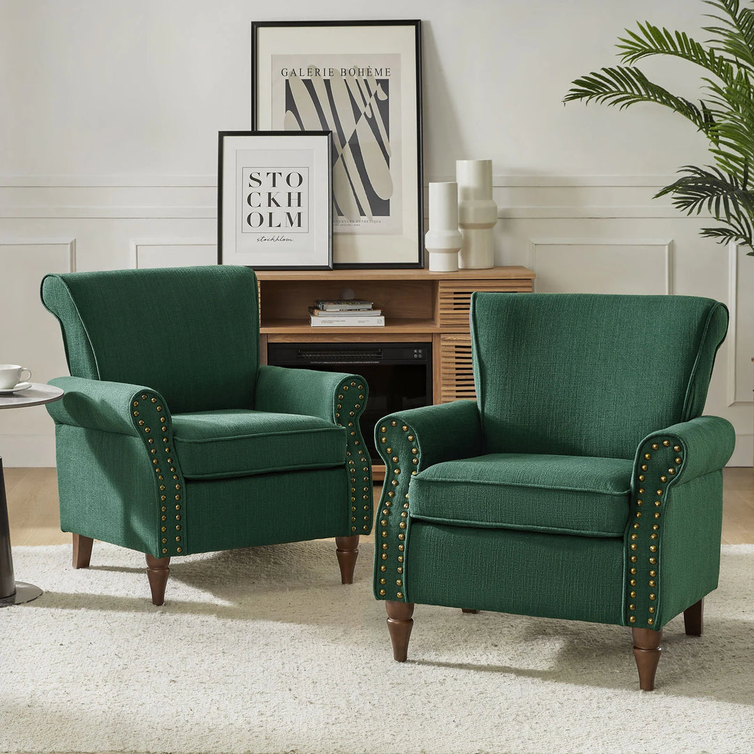 Nyctelius Upholstered Comfy Accent Chair with Turned Wooden Legs and Nailhead Trim Set of 2 by