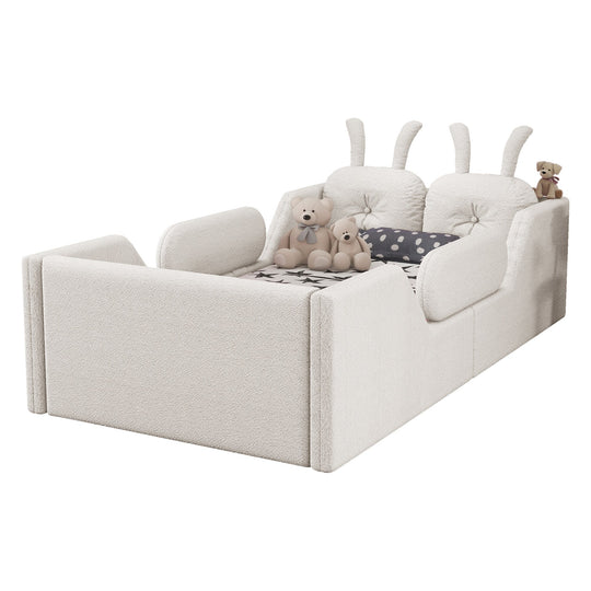 Twin Size Upholstered Platform Bed with Rabbit Cushion, Floor Upholstered Bed with Removable Side Rails