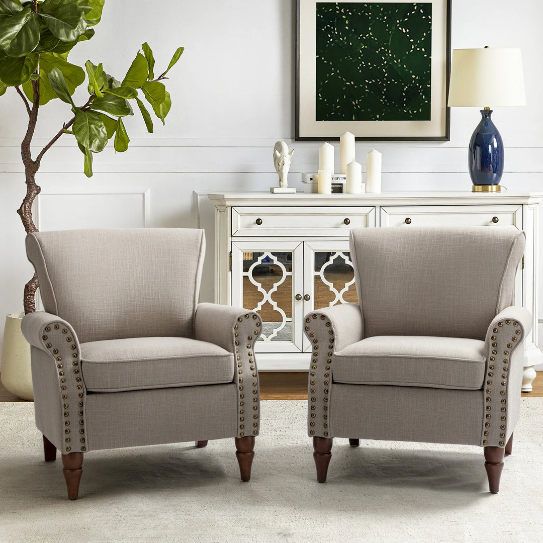 Nyctelius Upholstered Comfy Accent Chair with Turned Wooden Legs and Nailhead Trim Set of 2 by