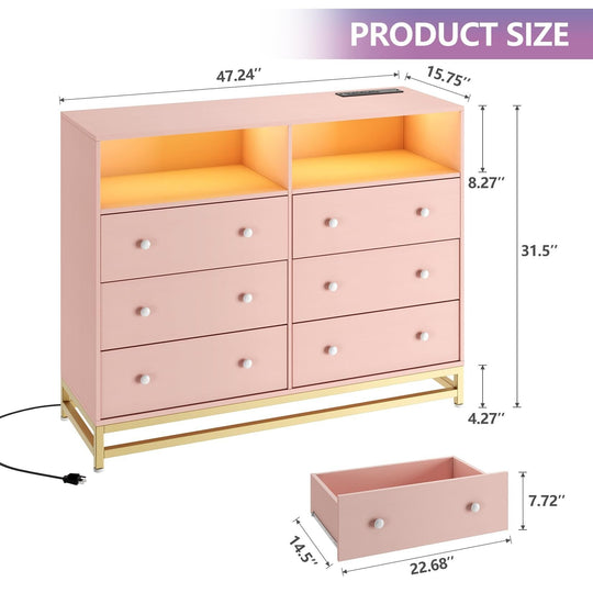 6 Drawer Dresser with Led Lights and Power Outlets
