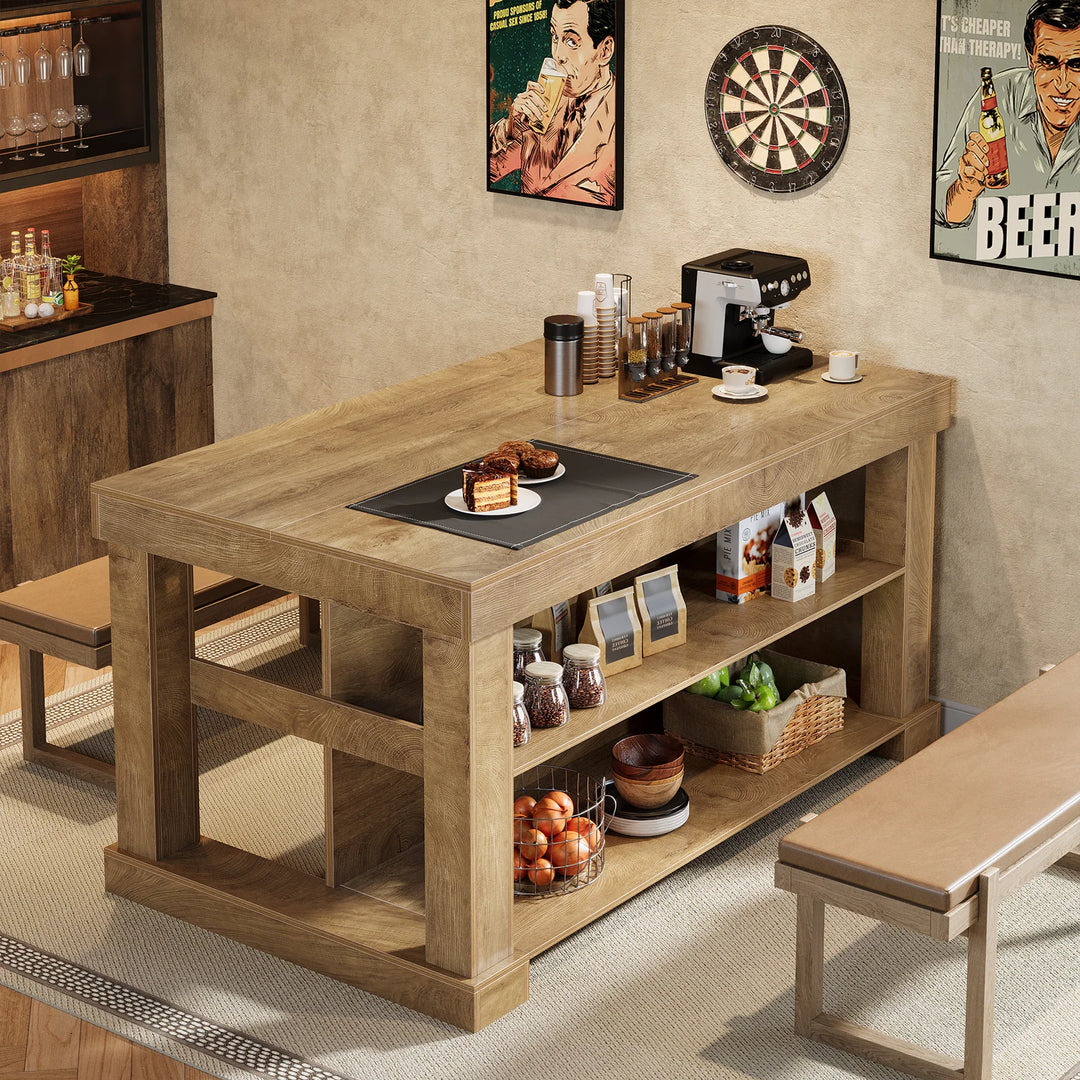55-Inch Stationary Kitchen Island with Storage Shelves and Large Worktop, Farmhouse Style, Light Brown