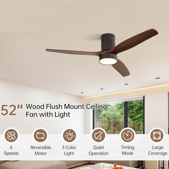 Sofucor 42"/48"/ 52"/60"Noiseless Walnut Wood Ceiling Fan with Remote Control, Integrated Light Optional