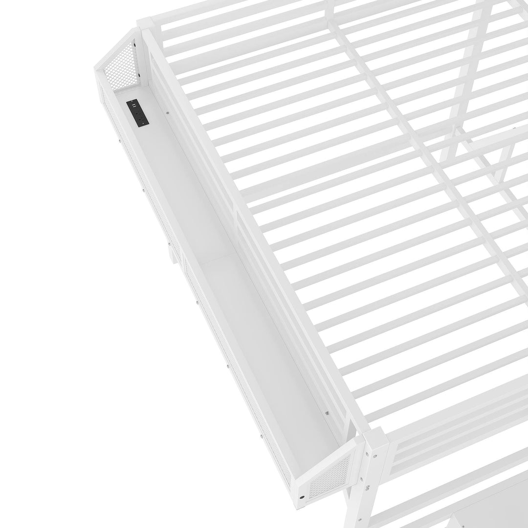 Queen Loft Bed with Storage Stairs, Shelves and Built-In Wardrobe, with USB Ports and LED Lights, Noise-Reduced Design