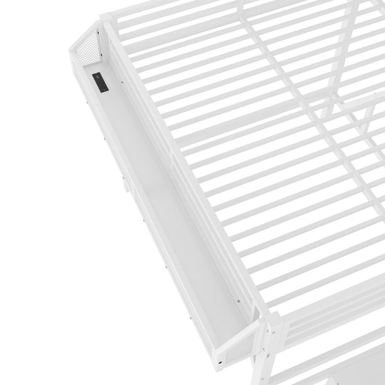 Queen Loft Bed with Storage Stairs, Shelves and Built-In Wardrobe, with USB Ports and LED Lights, Noise-Reduced Design