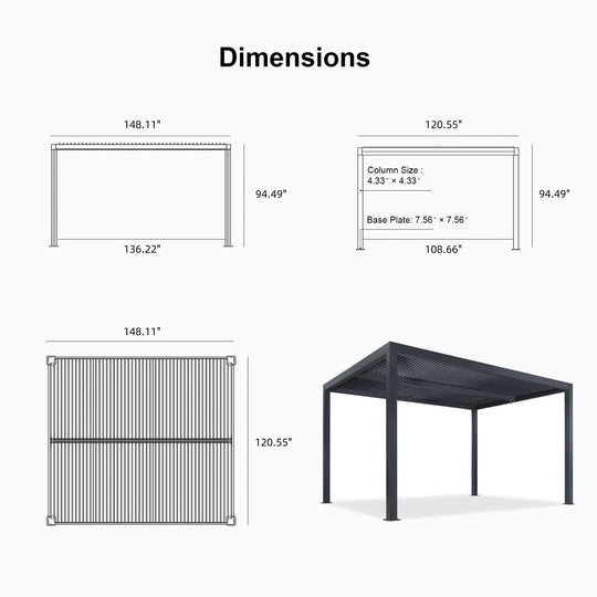 Grey Louvered Pergola Outdoor Aluminum Pergola with Adjustable Roof for Patio Grey Hardtop Gazebo