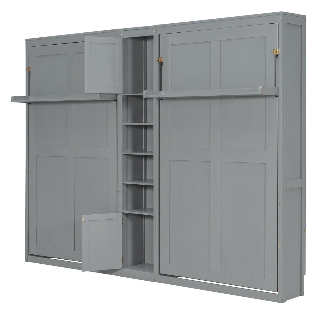 Dual Twin Size Wall Murphy Beds with Cabinets and Shelves, Space-Saving Design