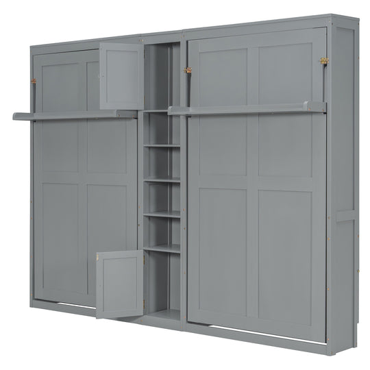 Dual Twin Size Wall Murphy Beds with Cabinets and Shelves, Space-Saving Design