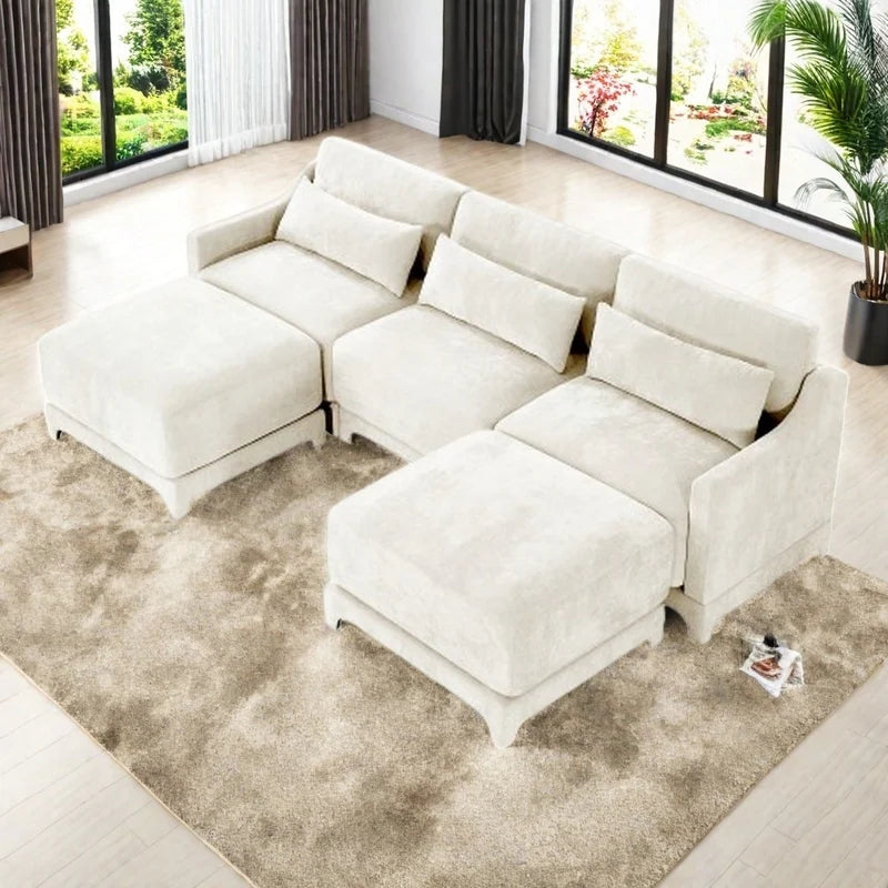 Modern Chenille 4-Seater Sofa with 2 Ottoman, Lumbar Cushions, Ergonomic Backrest, High-Resilience Spongeand Tufted Armrests