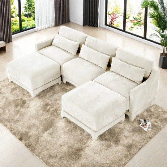 Modern Chenille 4-Seater Sofa with 2 Ottoman, Lumbar Cushions, Ergonomic Backrest, High-Resilience Spongeand Tufted Armrests