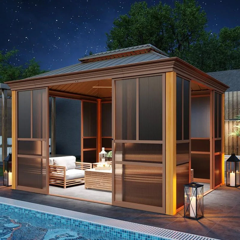 Outdoor Hardtop Sunroom Gazebo with Double Roof & Sliding Doors, All-Season Aluminum Outdoor Pergola, PE Screens&Lockable Design