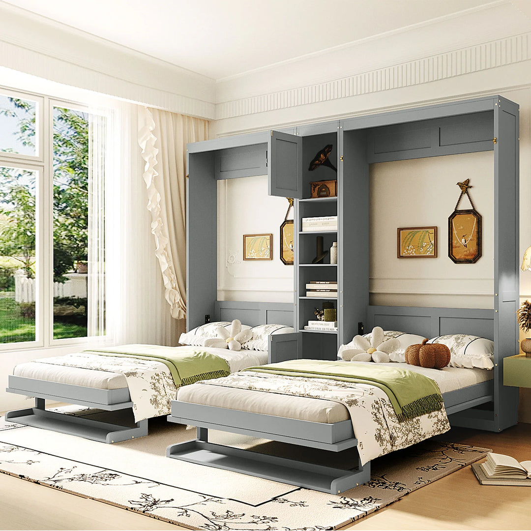 Dual Twin Size Wall Murphy Beds with Cabinets and Shelves, Space-Saving Design