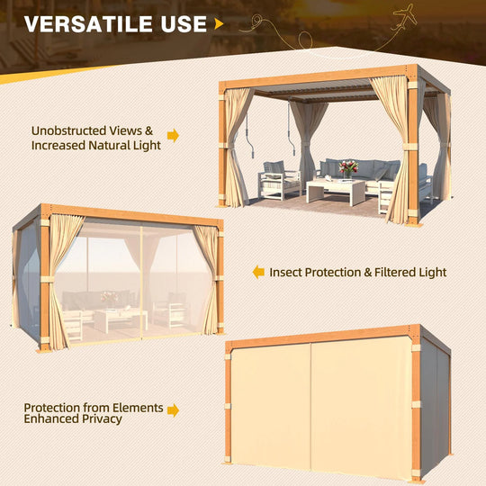 Outdoor Louvered Pergola Gazebo with Adjustable Aluminum Rainproof Roof and Pull-Down Screen