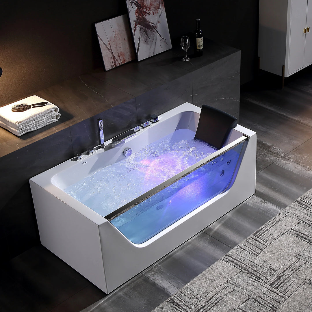 59" X 30" Acrylic Rectangle Whirlpool Bathtub - 11 Water Jets - Led Lights - Center Drain - 3-Side Alcove Install
