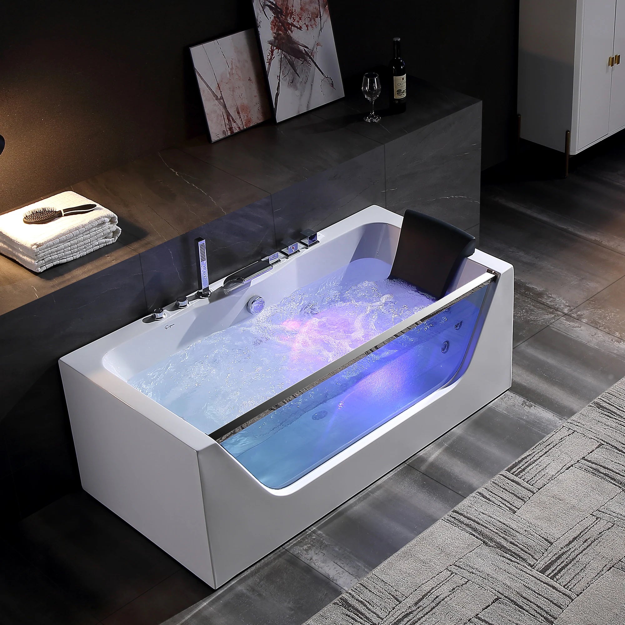 59" X 30" Acrylic Rectangle Whirlpool Bathtub - 11 Water Jets - Led Lights - Center Drain - 3-Side Alcove Install
