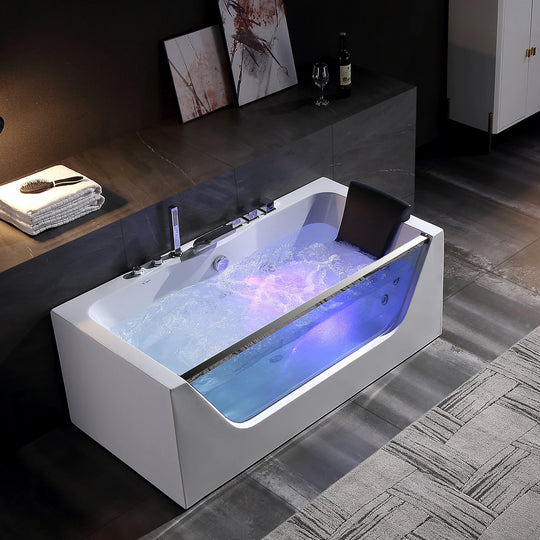 59" X 30" Acrylic Rectangle Whirlpool Bathtub - 11 Water Jets - Led Lights - Center Drain - 3-Side Alcove Install