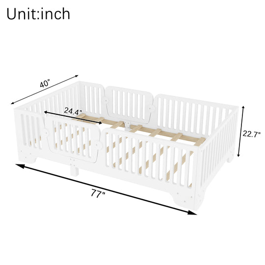 Full Size Montessori Floor Bed Frame with Safety Rails and Removable Door, Low Profile Kids Bed with Slatted Support