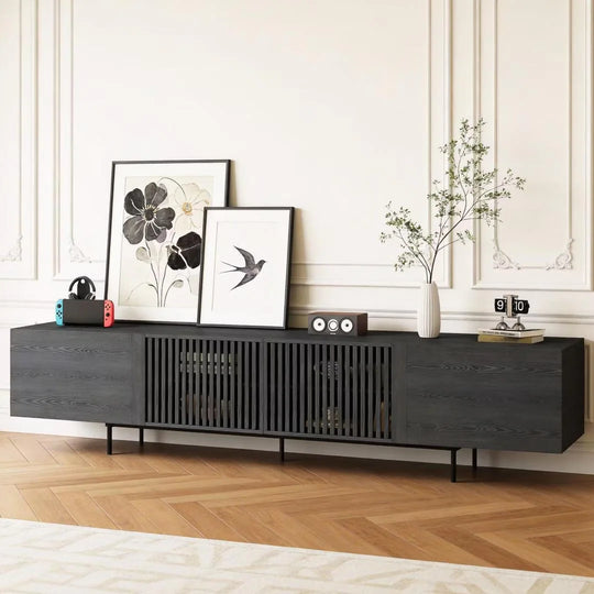 94.48 Inch Extra Long Black TV Stand with Slatted Doors, Modern Entertainment Center for Tvs up to 100 Inches,