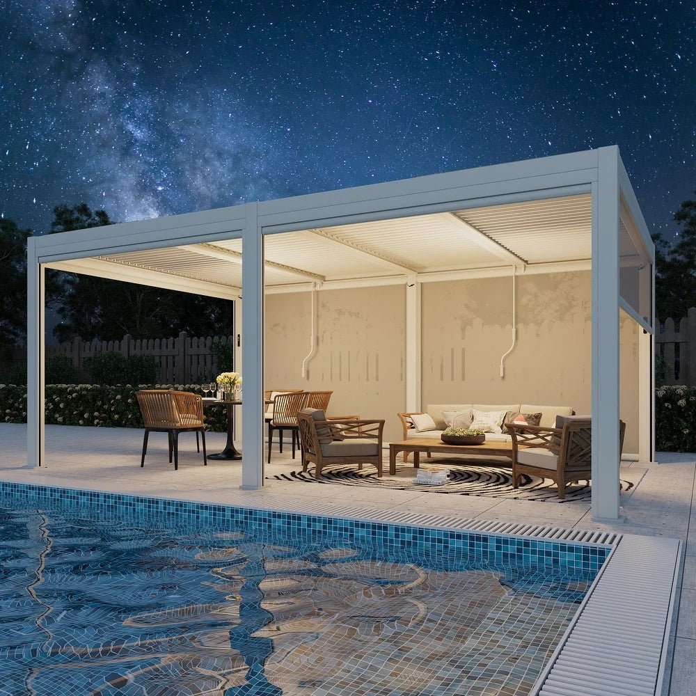 Outdoor Louvered Pergola Gazebo with Adjustable Aluminum Rainproof Roof and Pull-Down Screen