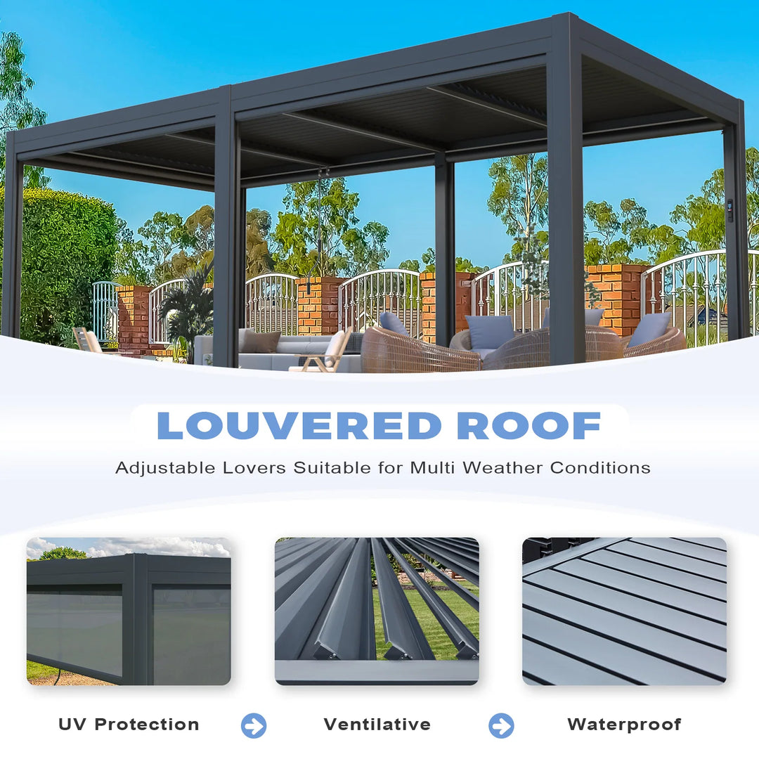Outdoor Louvered Pergola Gazebo with Adjustable Aluminum Rainproof Roof and Pull-Down Screen