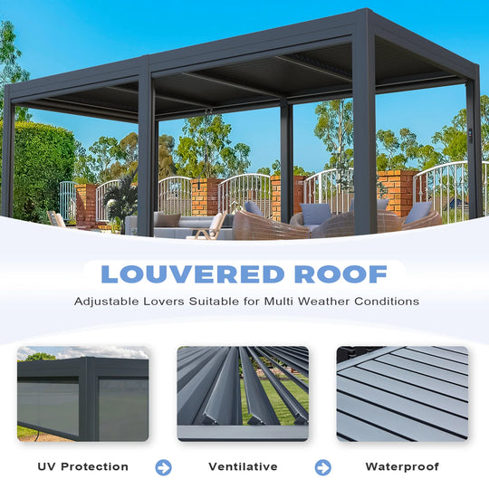 Outdoor Louvered Pergola Gazebo with Adjustable Aluminum Rainproof Roof and Pull-Down Screen