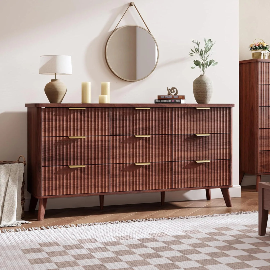 Fluted 9-Drawer Dresser, 60.6" Wide Modern Wooden Chest with Curved Design, Dresser TV Stand for Living Room, Walnut