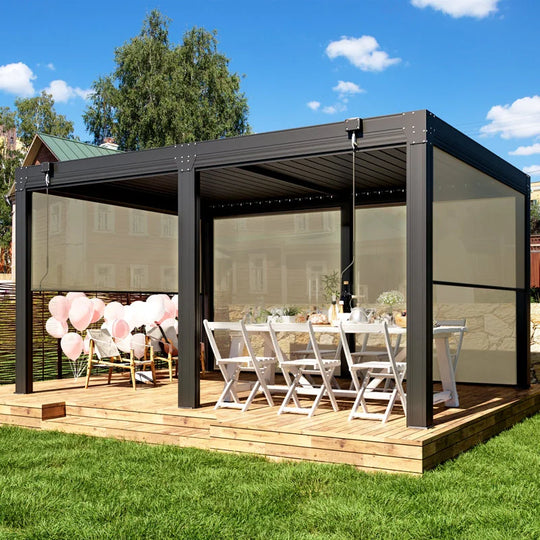 Outdoor Louvered Pergola Gazebo with Adjustable Aluminum Rainproof Roof and Pull-Down Screen