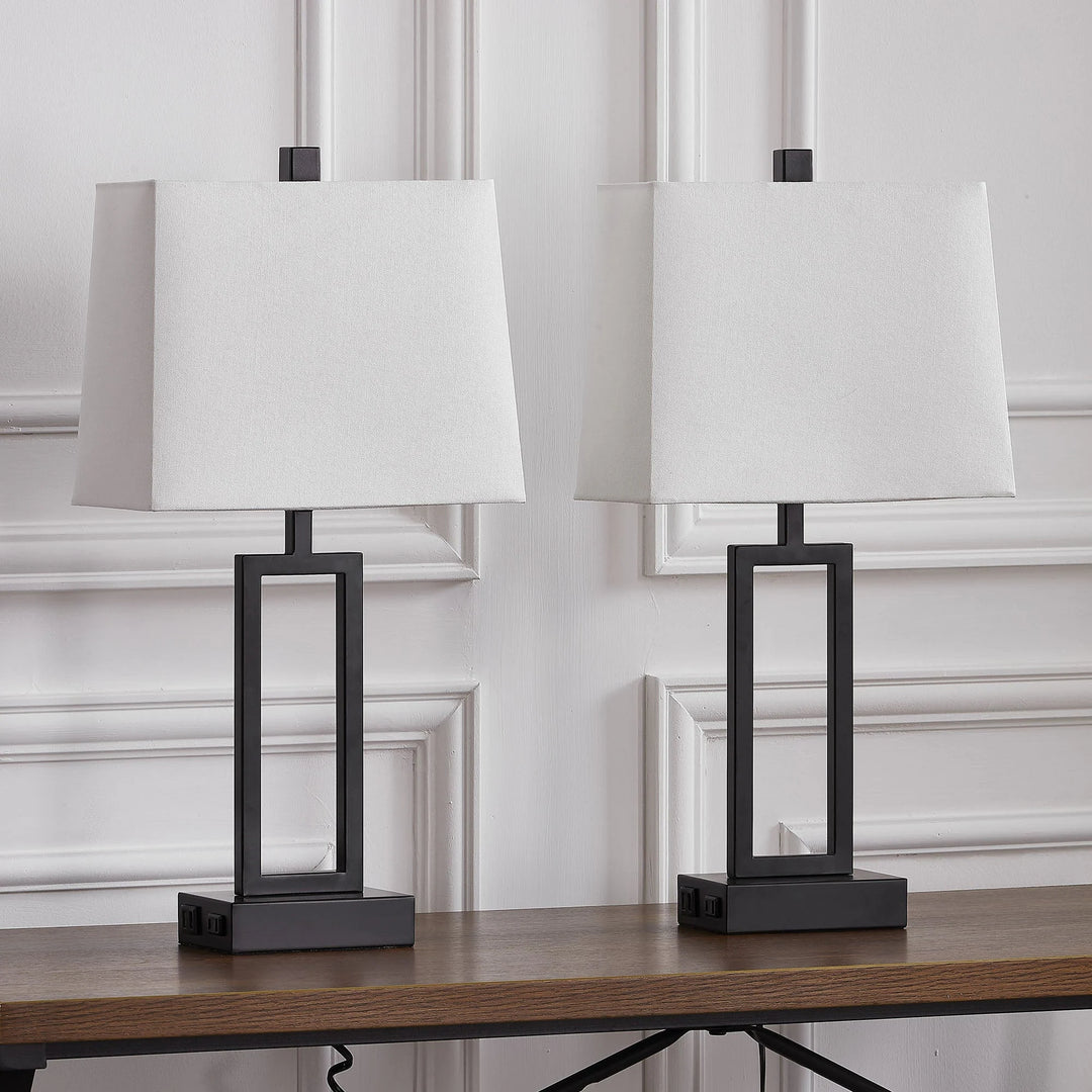 Set of 2 Black Touch Control Table Lamps with White Rectangular Shades, USB Ports & AC Outlet