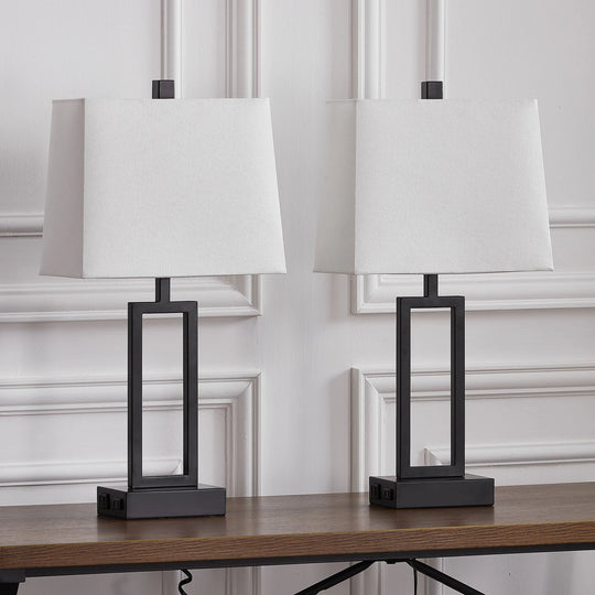 Set of 2 Black Touch Control Table Lamps with White Rectangular Shades, USB Ports & AC Outlet