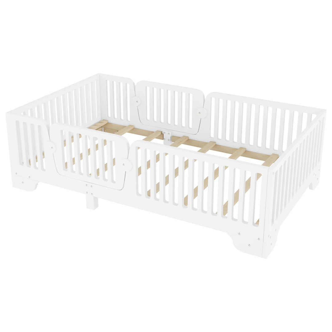Full Size Montessori Floor Bed Frame with Safety Rails and Removable Door, Low Profile Kids Bed with Slatted Support