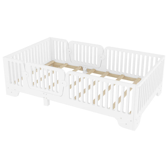 Full Size Montessori Floor Bed Frame with Safety Rails and Removable Door, Low Profile Kids Bed with Slatted Support