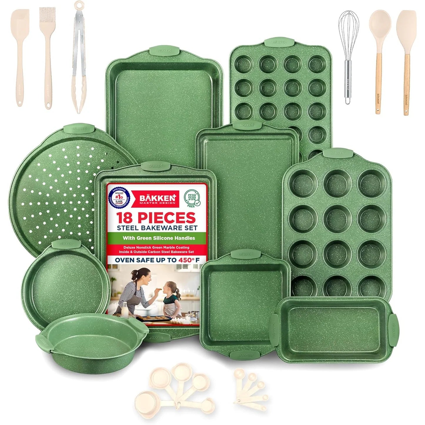 BAKKEN Kitchen Baking Pan Set - Nonstick Green Marble Coating, Carbon Steel Bakeware Sets with Green Silicone Handles,