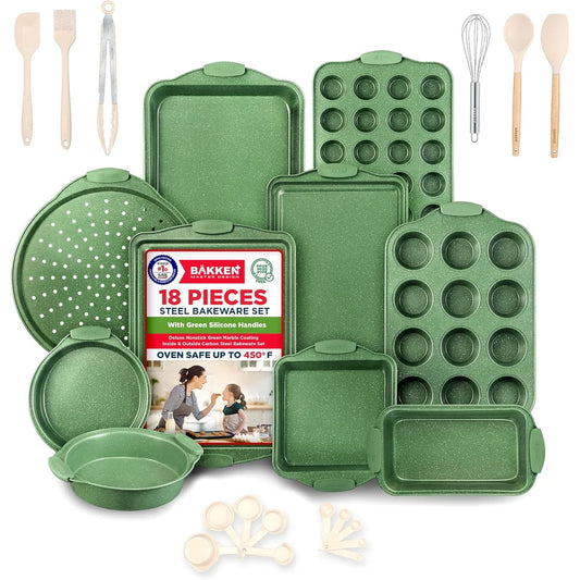 BAKKEN Kitchen Baking Pan Set - Nonstick Green Marble Coating, Carbon Steel Bakeware Sets with Green Silicone Handles,
