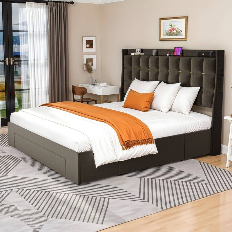 Queen/King Size Velvet Upholstered Bed with Charging Station and Storage Drawers