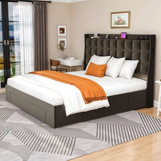Queen/King Size Velvet Upholstered Bed with Charging Station and Storage Drawers
