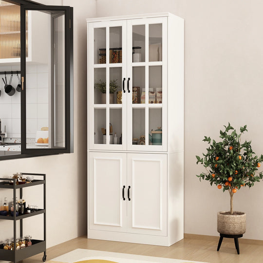 78.7"H Combo Buffet Sideboard White Curio Bookcase Cabinet Glass Door