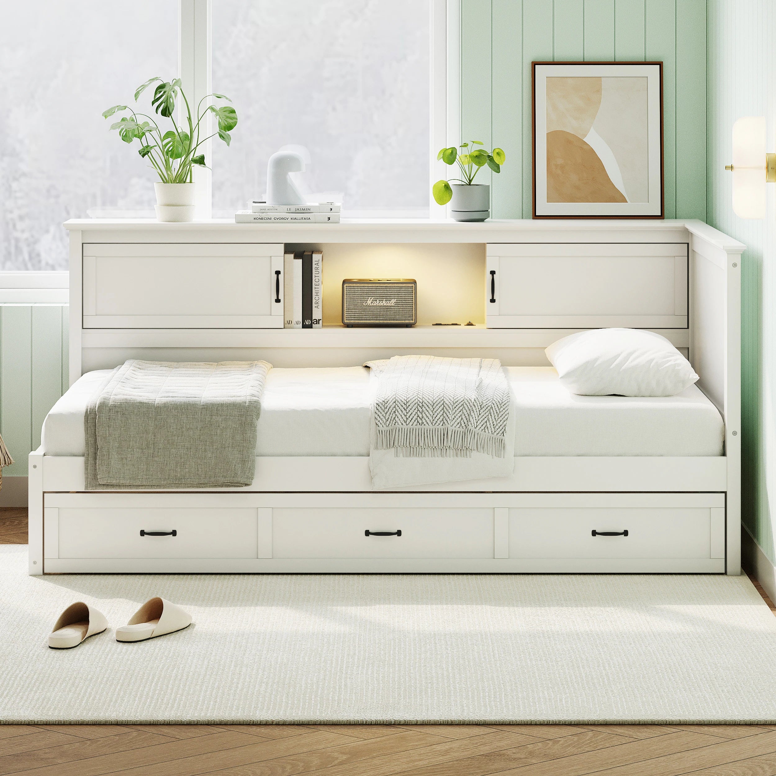 L-Shaped Corner Bed Frame with Drawer, Bookcase, LED Downlight and USB Port