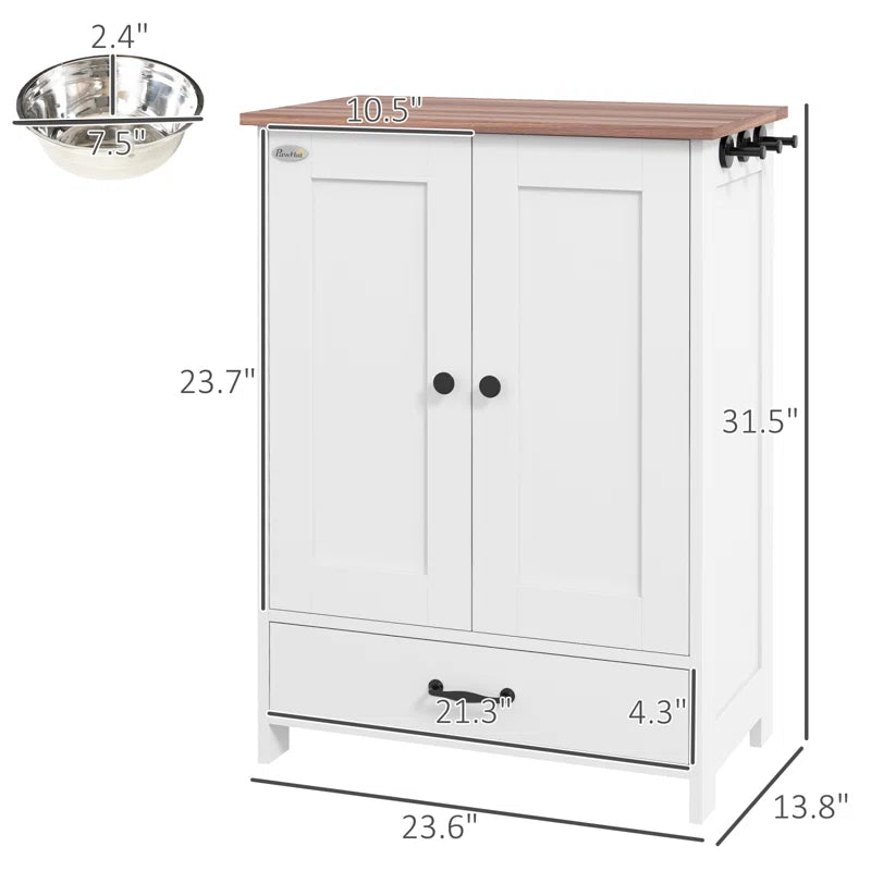 Dog Feeding Station, Dog Food Storage Cabinet with Hidden Dog Bowls, Adjustable Panel, Hooks for Medium Sized Dogs