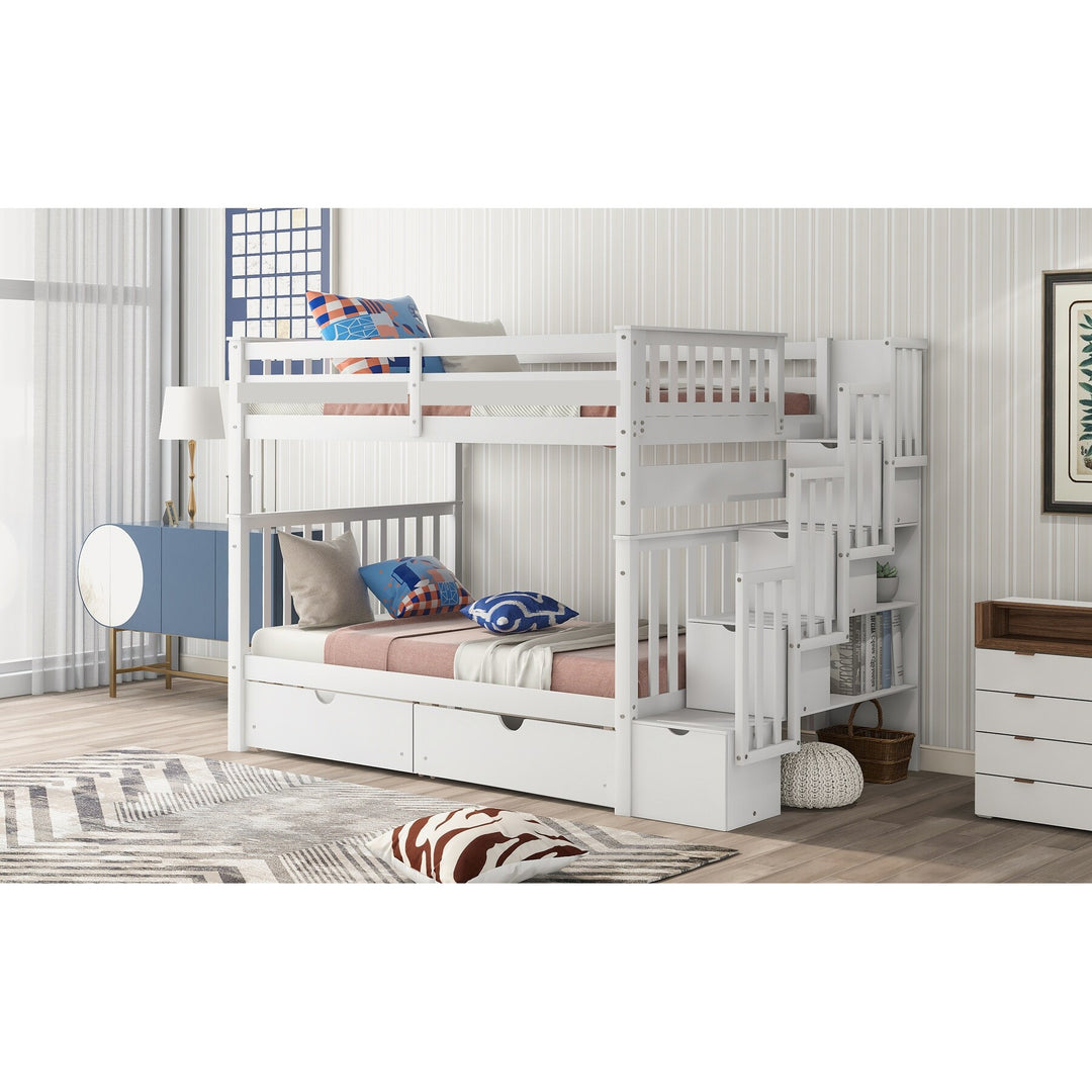 Full over Full Bunk Bed with Shelves and 6 Storage Drawers, Gray