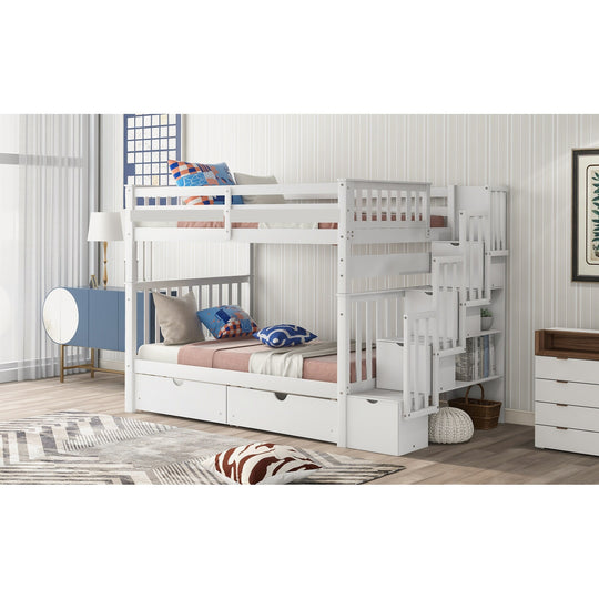 Full over Full Bunk Bed with Shelves and 6 Storage Drawers, Gray