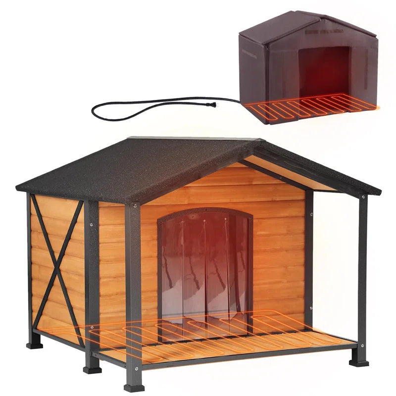 Large Outdoor Heated Dog House with Heating Pad & Insulated Liner, Iron Frame Insulated Dog Kennel for Winter, Anti-Chewing