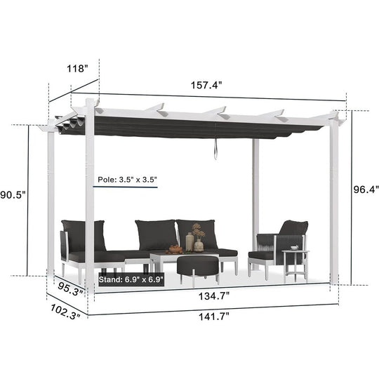 Gazebo Outdoor Retractable White Heavy-Duty Aluminum Pergola with Extra Top Roof