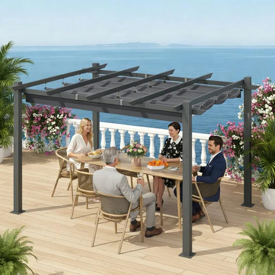 10' X 13' Outdoor Pergola with Retractable Canopy, Heavy-Duty Metal Frame and Adjustable Patio Shade Roof
