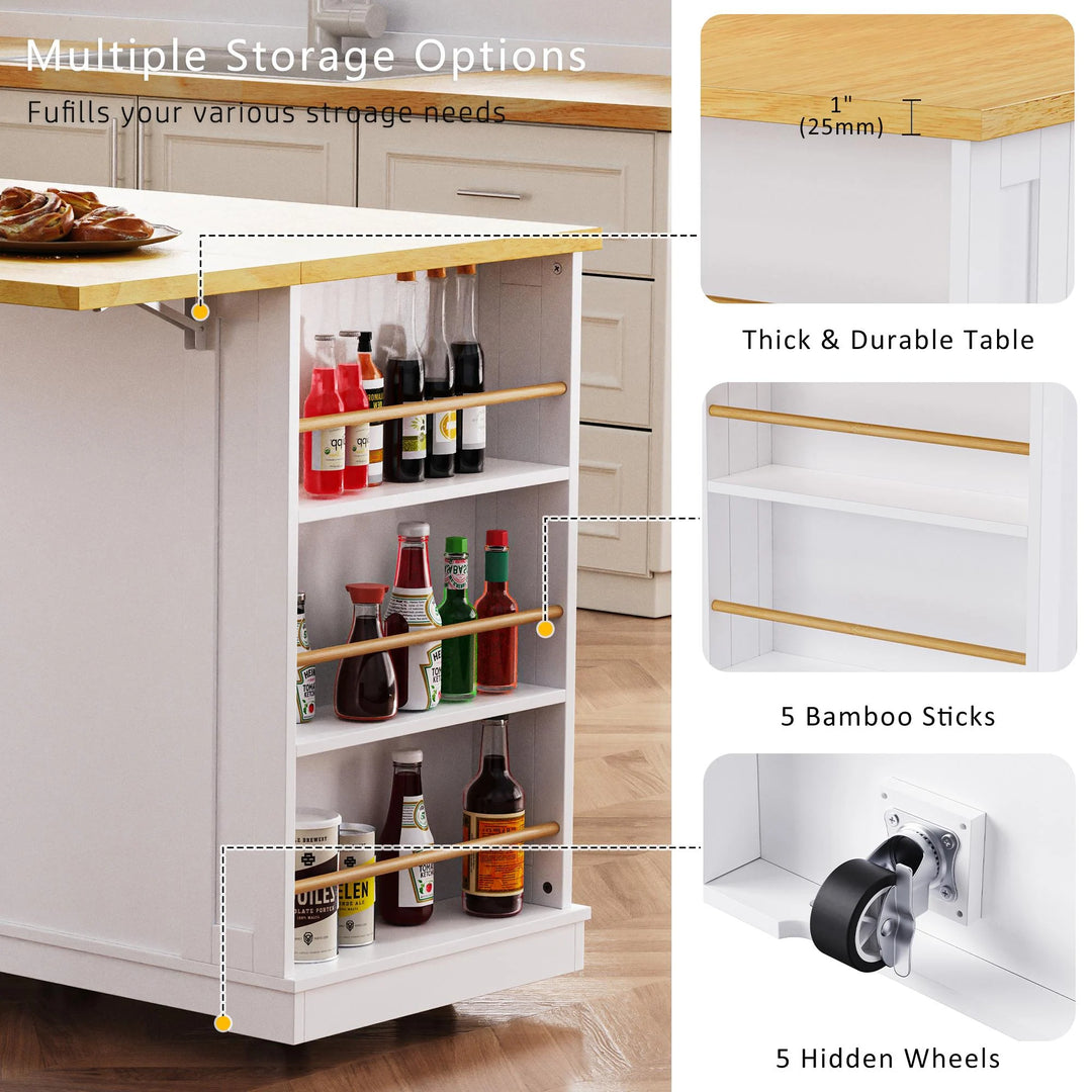 Large Kitchen Island with Drop Leaf,Power Outlet,Door Internal Storage Rack,3 Drawers(Not Include Bar Stools)