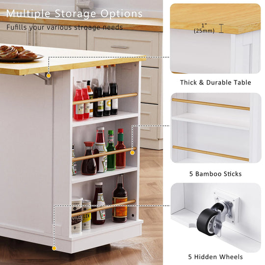 Large Kitchen Island with Drop Leaf,Power Outlet,Door Internal Storage Rack,3 Drawers(Not Include Bar Stools)