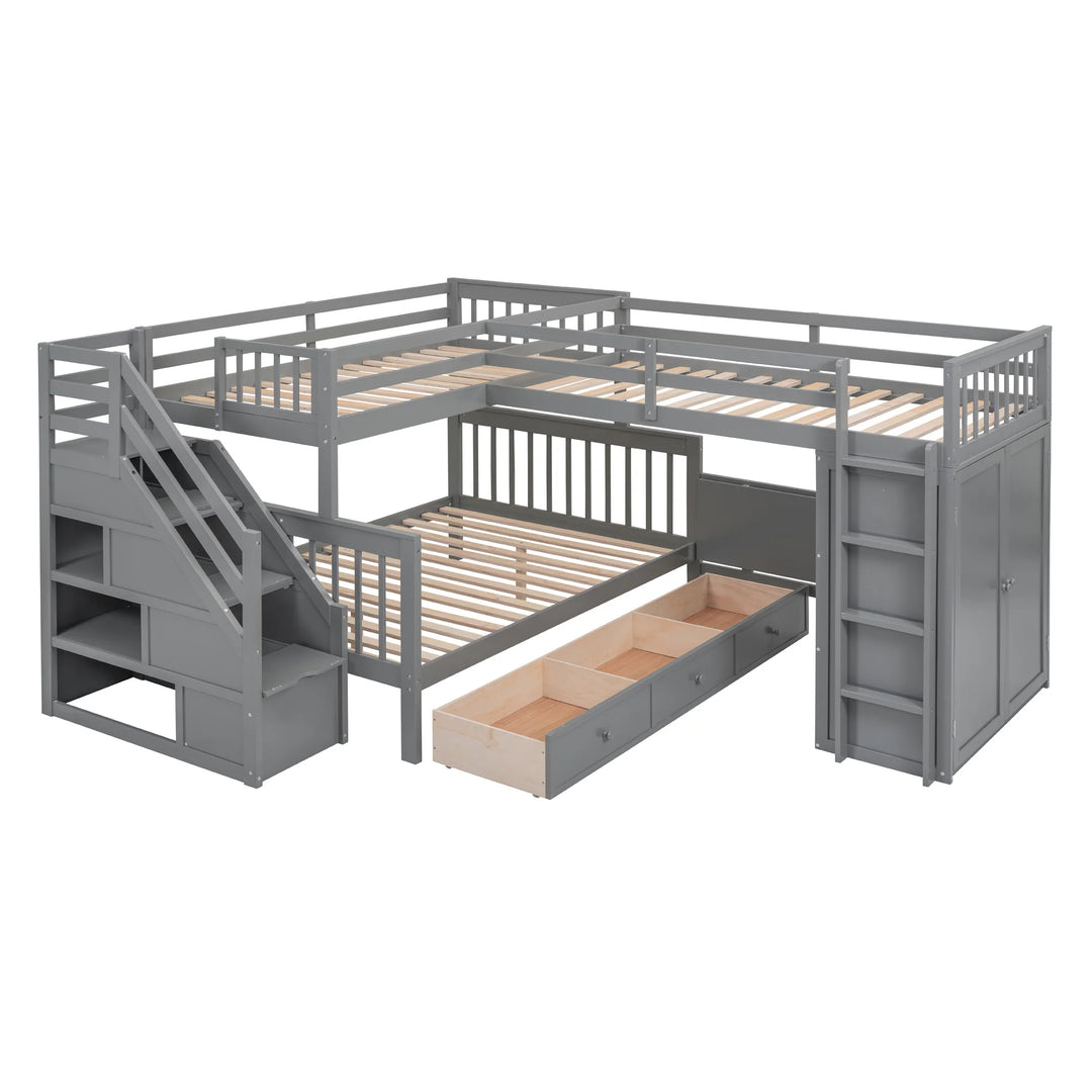 L-Shaped Bunk Bed with Three Drawers, Portable Desk and Wardrobe, Twin-Twin over Full Design