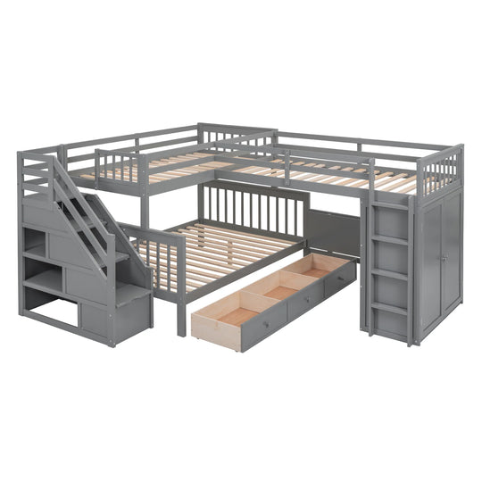 L-Shaped Bunk Bed with Three Drawers, Portable Desk and Wardrobe, Twin-Twin over Full Design