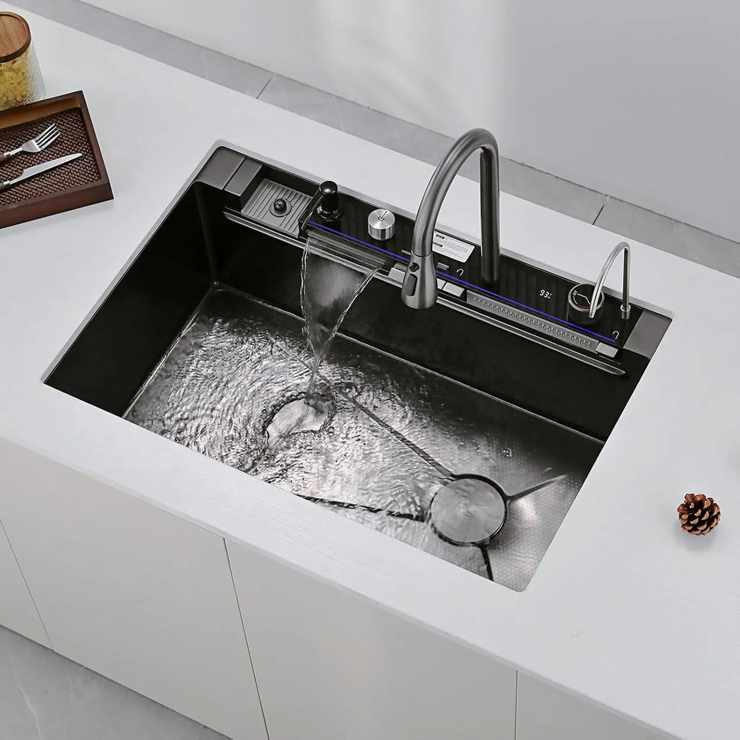 New 33"X22" Stainless Steel Waterfall Kitchen Sink with Temperature Display in Fahrenheit, Pull-Down, KS2206L-PRO