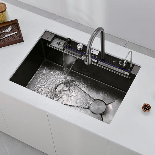 New 33"X22" Stainless Steel Waterfall Kitchen Sink with Temperature Display in Fahrenheit, Pull-Down, KS2206L-PRO