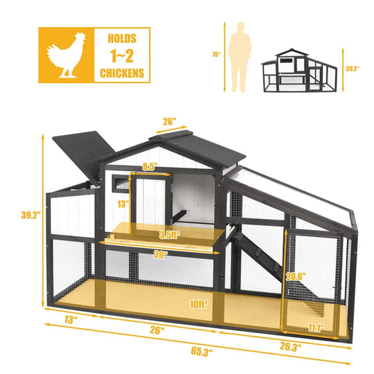 Gyta 65"L Chicken Coop with Run, Wooden Hen House with Nesting Box, UV Panel