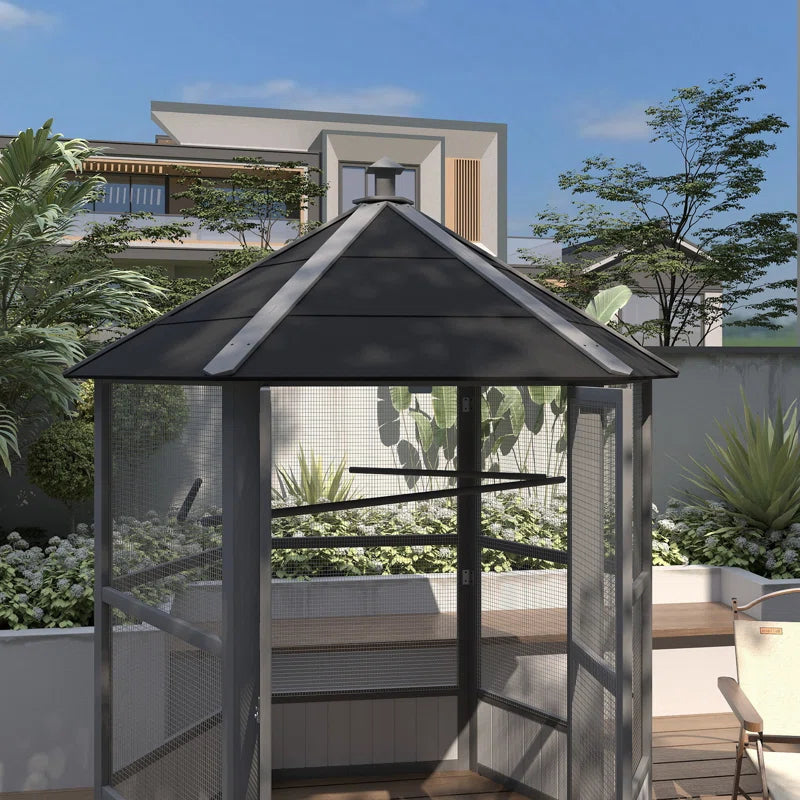 Large Wooden Hexagonal Outdoor Aviary Flight Bird Cage with Covered Roof, Light Gray